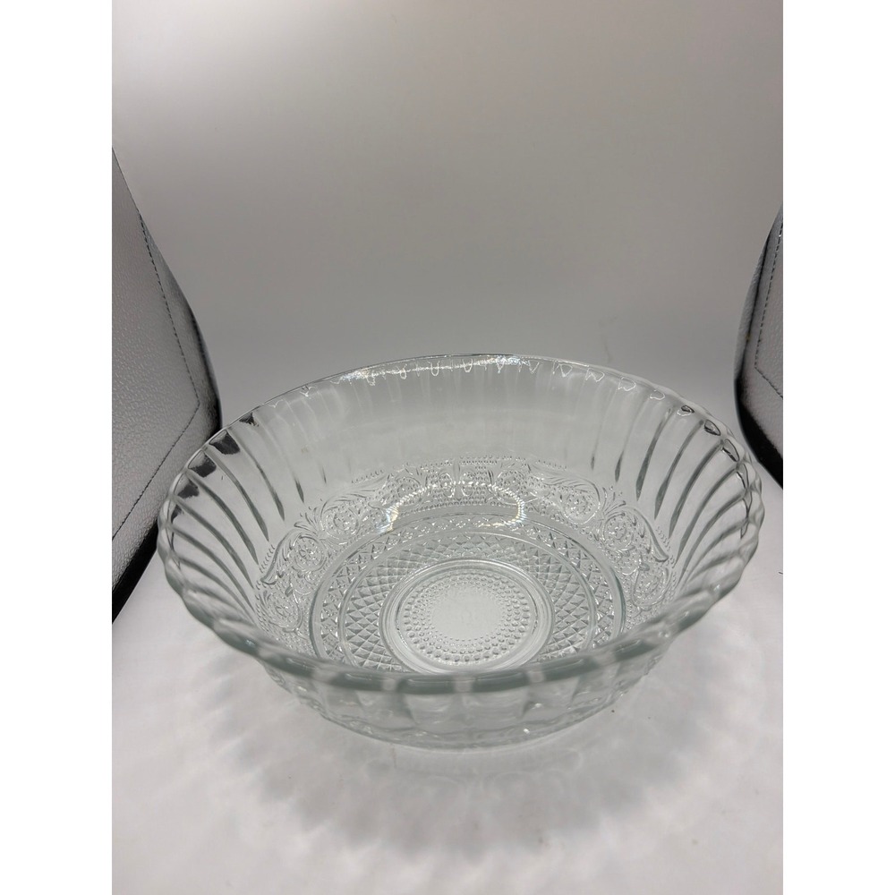 Vintage KIG Etched Clear Glass Serving Bowl Fleur De Lis Pattern
